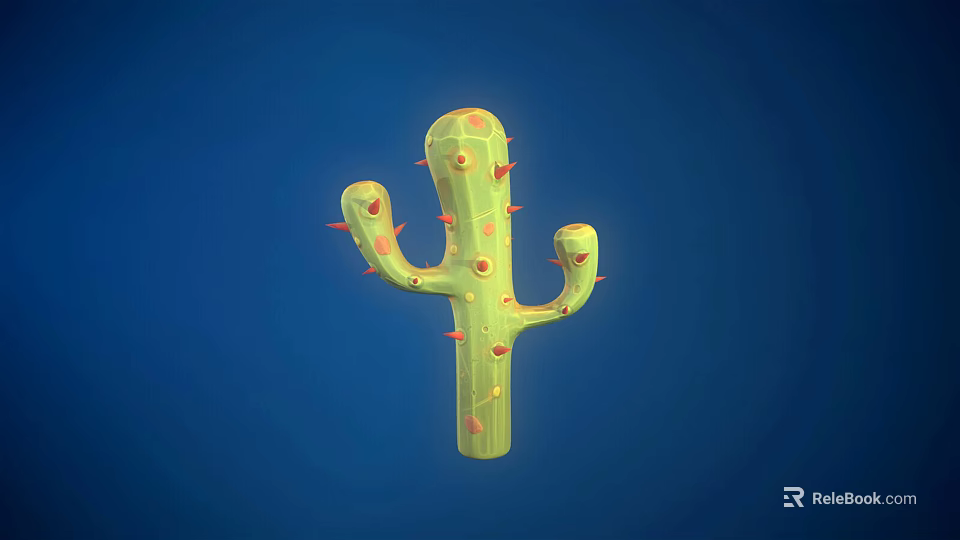 Green Cactus with Multiple Branches Red Thorns and Yellow Accents on Blue Background 3d model 