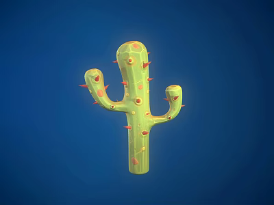 Green Cactus with Multiple Branches Red Thorns and Yellow Accents on Blue Background 3d model
