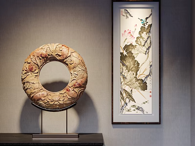 Circular Sculpture Carving With Intricate Patterns On Stand And Framed Painting 3d model