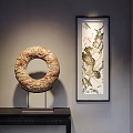 Circular Sculpture Carving With Intricate Patterns On Stand And Framed Painting