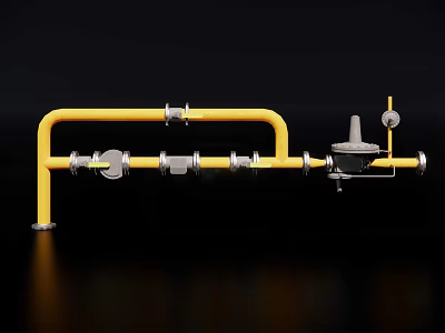 Yellow Industrial Pipeline System With Valves And Pressure Gauge Components 3d model