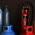 Fire Equipment Including Blue Gray Red Gas Cylinders Red Fire Extinguisher And Metal Parts