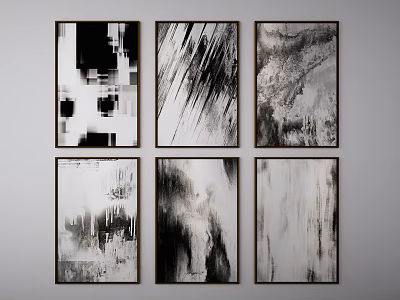 Six Black And White Abstract Paintings Framed Modern Minimalist Wall Art 3d model