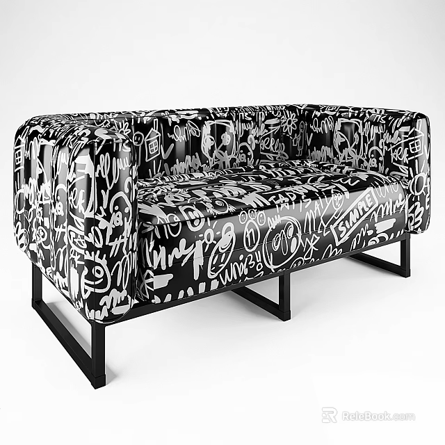 Modern Black and White Graffiti Pattern Sectional Sofa With Artistic Design And Metal Legs 3d model 