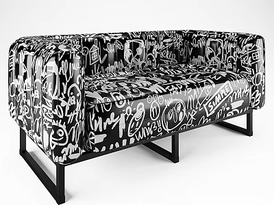 Modern Black and White Graffiti Pattern Sectional Sofa With Artistic Design And Metal Legs 3d model