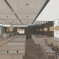 Modern Restaurant Interior With Wooden Furniture Long Tables Hanging Lamps And Herringbone Floors