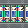 Traditional Casement Window with Stained Glass Figural Patterns on Gray Brick Wall