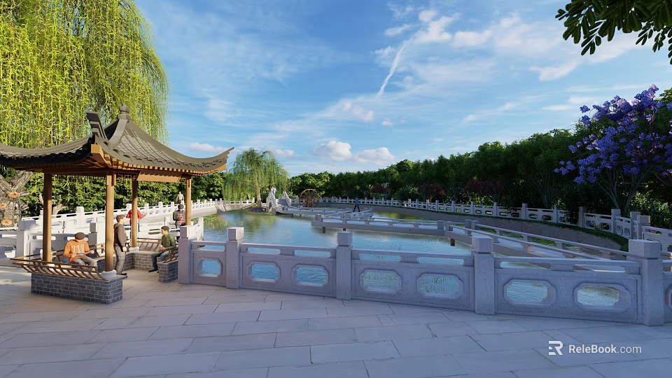 Serene Park Landscape With Chinese Style Pavilion Pond Willow Trees And Stone Railing 3d model 