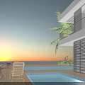 Breathtaking Seaside Landscape with Modern Villa Swimming Pool Sunset Ocean View Deck Chairs Palm Trees