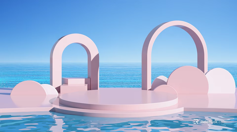 Pastel Pink Landscape Sculpture Featuring Arches Circular Platform And Water Pool Against Blue Sky Ocean 3d model 