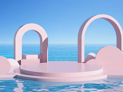 Pastel Pink Landscape Sculpture Featuring Arches Circular Platform And Water Pool Against Blue Sky Ocean 3d model