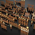Various Wooden Fence Components With Picket Gates Railings And Decorative Posts