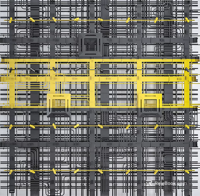 Industrial Pipe System Featuring Yellow And Gray Pipes In Complex Structural Layout 3d model 