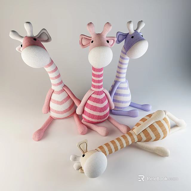 Colorful Striped Giraffe Plush Toys in Pink Purple and Beige Sitting Lying 3d model 