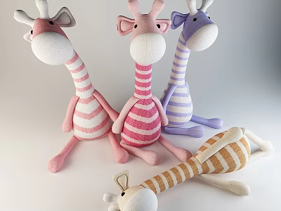 Colorful Striped Giraffe Plush Toys in Pink Purple and Beige Sitting Lying 3d model