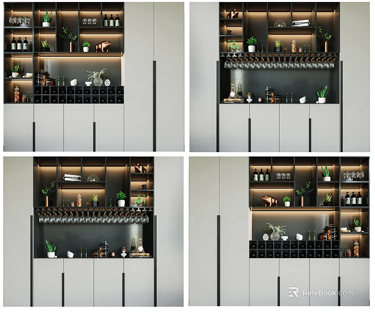 Modern Wine Cabinet With Multi Layer Shelves Wine Bottles Green Plants And Decor 3d model 