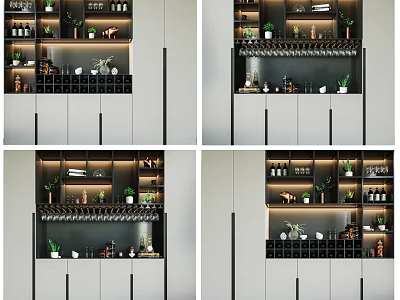 Modern Wine Cabinet With Multi Layer Shelves Wine Bottles Green Plants And Decor 3d model