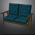 Two Seater Sofa with Wooden Frame and Blue Plaid Fabric Armrests and Cushions