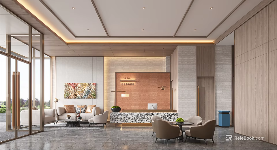 Modern Hotel Lobby Interior With Reception Desk Seating Area Art Painting Marble Floor And Lighting 3d model 