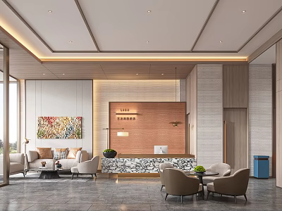 Modern Hotel Lobby Interior With Reception Desk Seating Area Art Painting Marble Floor And Lighting 3d model