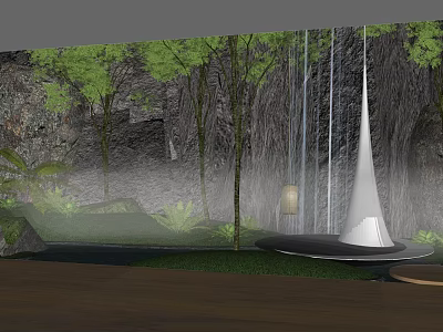 Tranquil Garden Landscape With Waterfall Trees Rocky Background And Modern Sculpture Lighting 3d model
