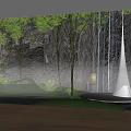 Tranquil Garden Landscape With Waterfall Trees Rocky Background And Modern Sculpture Lighting