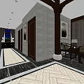 Elegant Store Front Desk Area With Wooden Ceiling Chandelier And Marble Floor