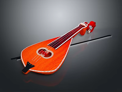 Orange Wooden Lute Shaped Decorative Household Item With Strings And Bow 3d model
