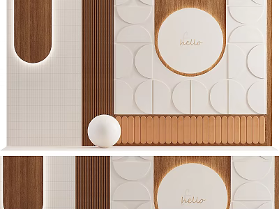 Modern Geometric Background Wall With Wooden And White Panels Hello Lettering And Spherical Decor 3d model
