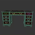Elegant Dark Brown Wooden Office Desk With Symmetrical Design Metal Handles And Drawers