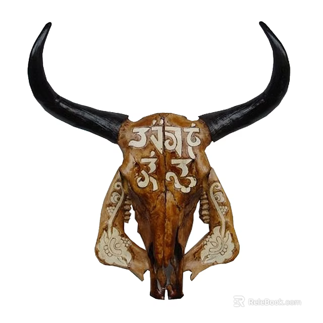 Carved Bull Skull Animal Wall Decor With Intricate Symbols And Floral Patterns 3d model 