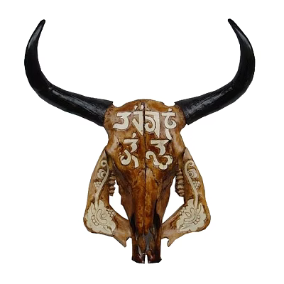 Carved Bull Skull Animal Wall Decor With Intricate Symbols And Floral Patterns 3d model