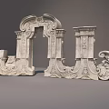 Ornate Classical Stone Architectural Components With Intricate Carved Patterns And Scroll Designs