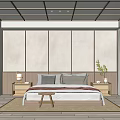 Minimalist Natural Bedroom With Wooden Grid Ceiling Shoji Doors Simple Bed Nightstands And Potted Plant