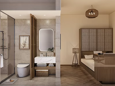 Modern Hotel Guest Room Interior With Bathroom Shower Bedroom Wooden Furniture And Hanging Lamp 3d model