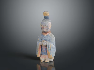 Ancient Traditional Human Figure Sculpture With Carved Robe Clasped Hands And Hair Bun Headdress 3d model