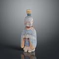 Ancient Traditional Human Figure Sculpture With Carved Robe Clasped Hands And Hair Bun Headdress