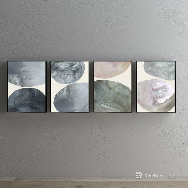 Four Abstract Paintings With Soft Tones Circular Cloud Patterns On Gray Wall 3d model