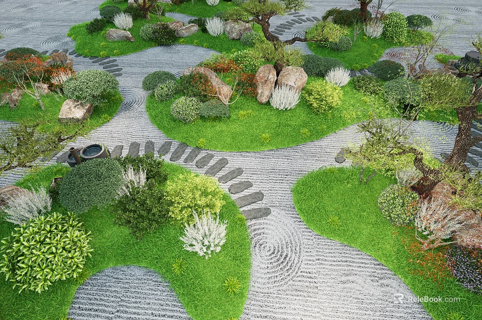 Japanese Zen Garden Landscape With Gravel Paths Stones Lush Shrubs And Mossy Areas 3d model 
