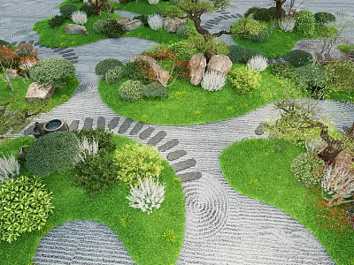 Japanese Zen Garden Landscape With Gravel Paths Stones Lush Shrubs And Mossy Areas 3d model