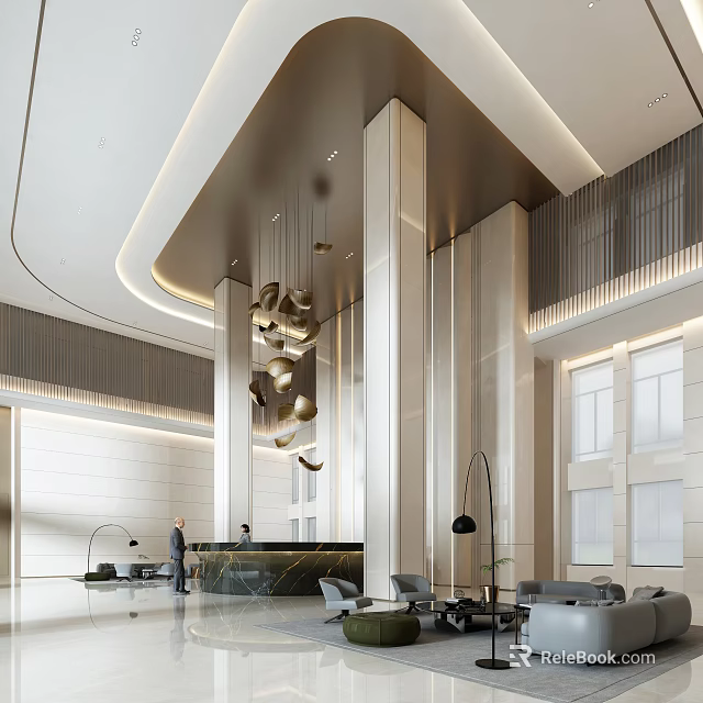 Elegant Modern Front Desk Reception Area With Marble Counter Pendant Lights And Sofas 3d model 