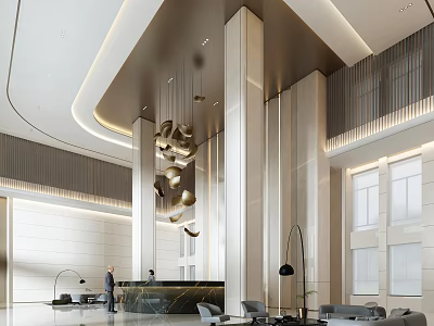 Elegant Modern Front Desk Reception Area With Marble Counter Pendant Lights And Sofas 3d model