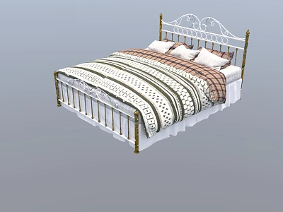 White and Gold Metal Frame Double Bed with Ornate Headboard Striped Quilt and Pillows 3d model