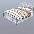 White and Gold Metal Frame Double Bed with Ornate Headboard Striped Quilt and Pillows