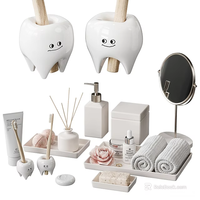 Cute Bathroom Essentials Set With Smiley Tooth Holders Hand Soap Dispenser And Towels 3d model 