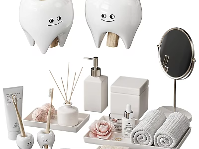 Cute Bathroom Essentials Set With Smiley Tooth Holders Hand Soap Dispenser And Towels 3d model