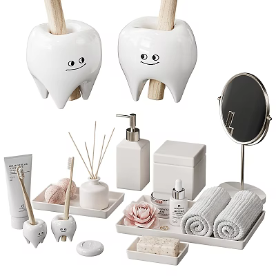 Cute Bathroom Essentials Set With Smiley Tooth Holders Hand Soap Dispenser And Towels 3d model