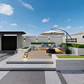Modern Courtyard Garden With Outdoor Seating Curved Umbrella Wooden Deck Grass And Stone Steps