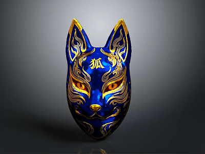 Traditional Blue Fox Mask With Gold Accents And Ornate Patterns For Home Decor 3d model