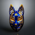 Traditional Blue Fox Mask With Gold Accents And Ornate Patterns For Home Decor